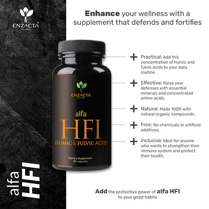 ENZACTA alfa HFI supplement bottle with product details on a dark background.